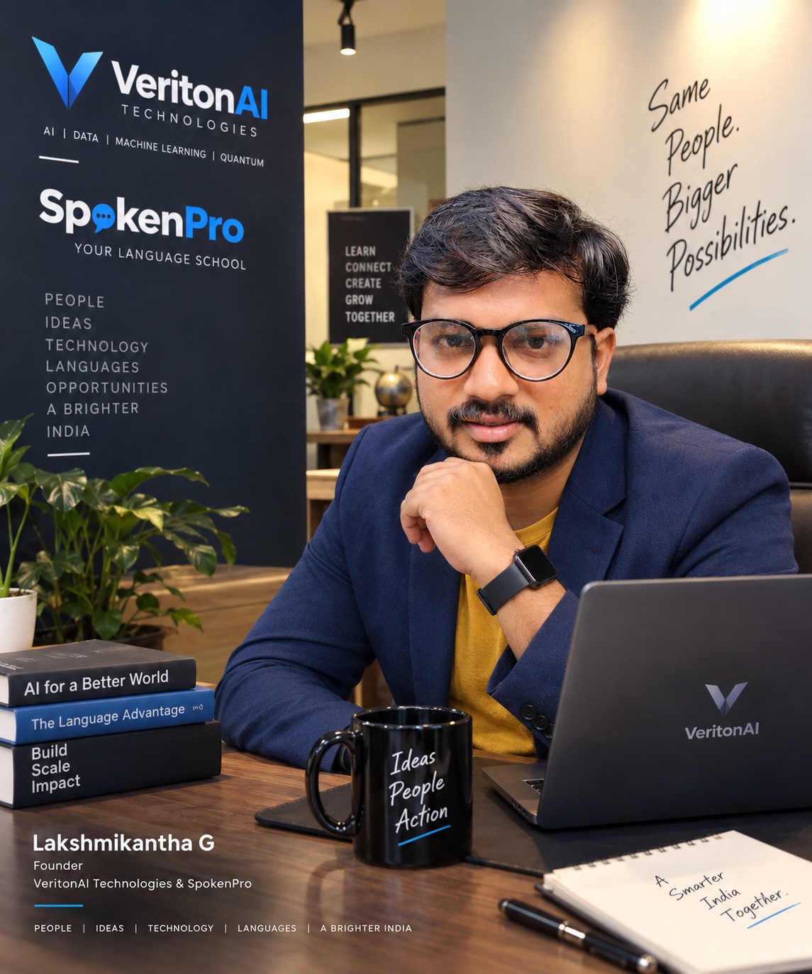 Lakshmikanth, founder of SpokenPro, with the brand background.